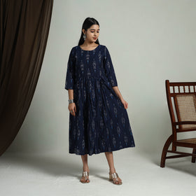 Blue - Flared Cotton Pochampally Ikat Dress 05