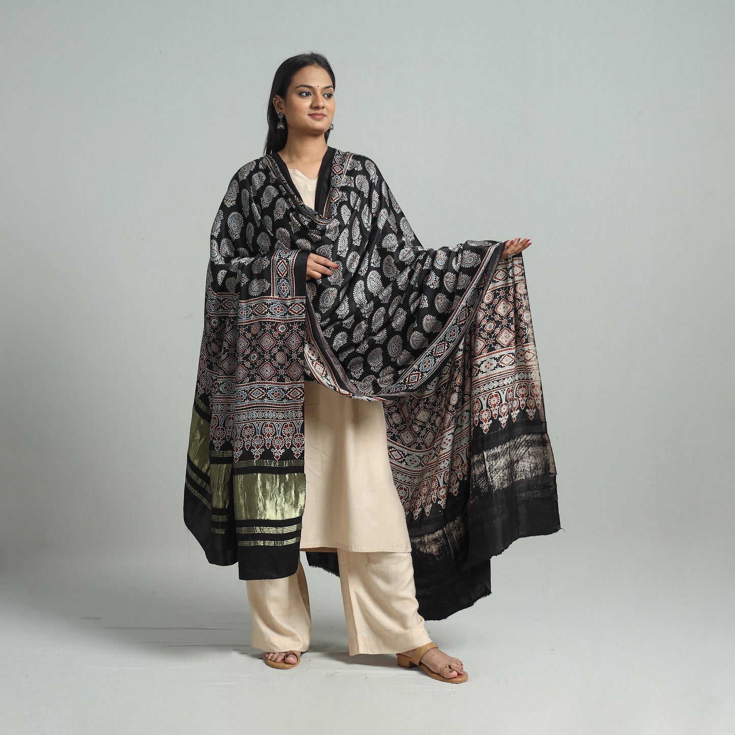 Black - Ajrakh Modal Silk Dupatta with Zari Border 99