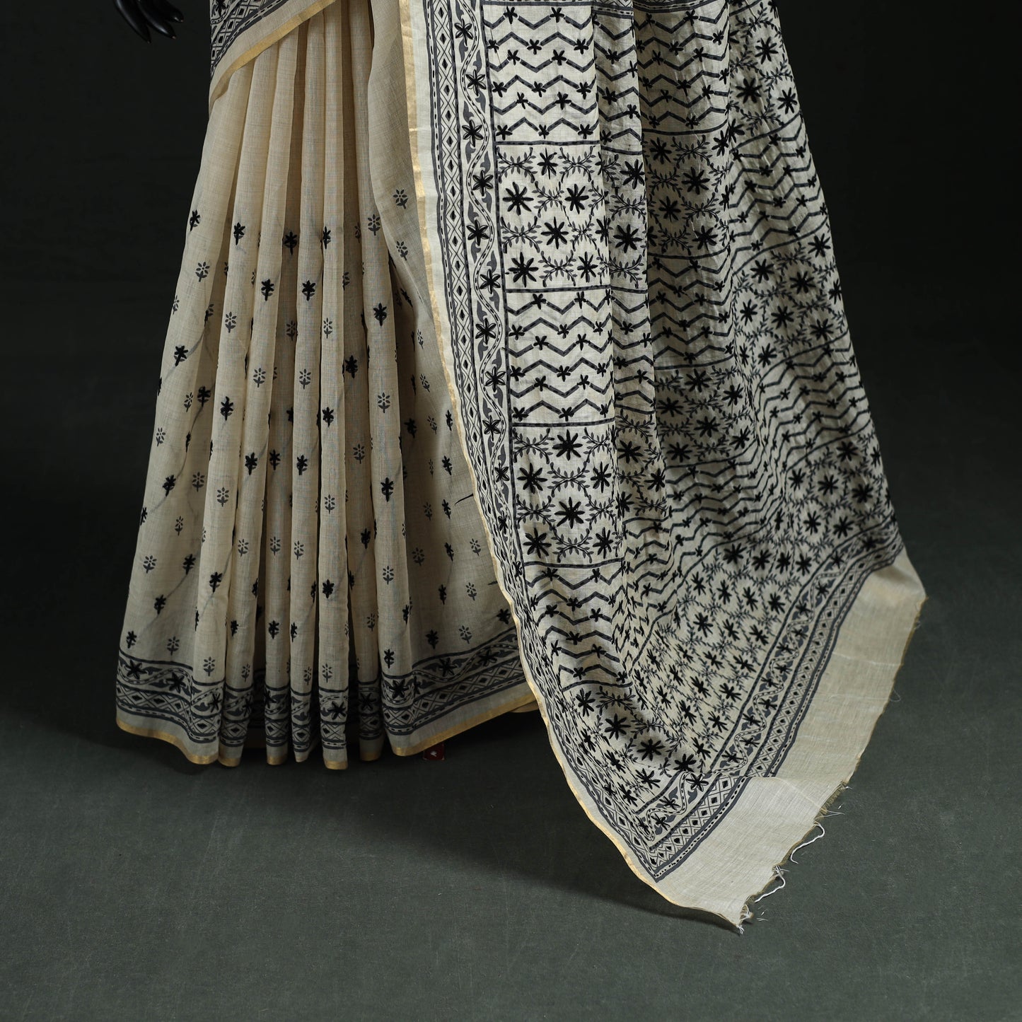 Cream - Bengal Kantha Hand Embroidery Silk Cotton Chapa Work Saree 02