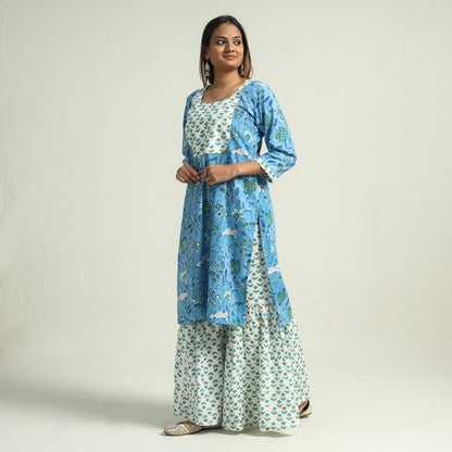 Blue - Sanganeri Block Printed Cotton Kurta with Sharara Set