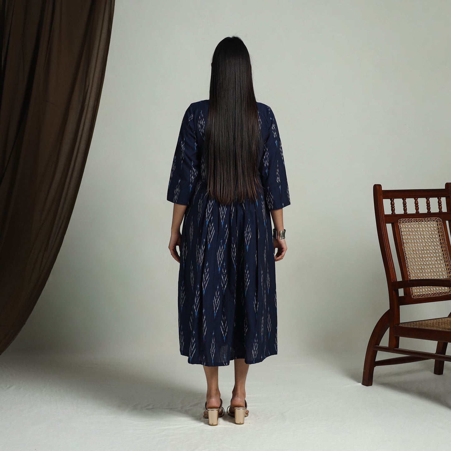 Blue - Flared Cotton Pochampally Ikat Dress 05