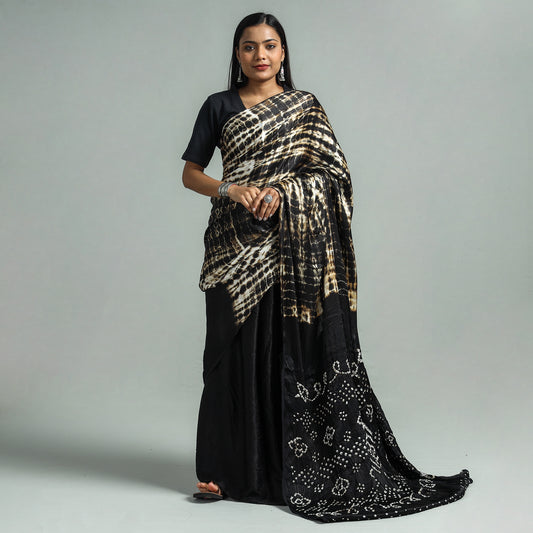 Black - Kutch Bandhani & Shibori Tie-Dye Modal Silk Saree with Blouse