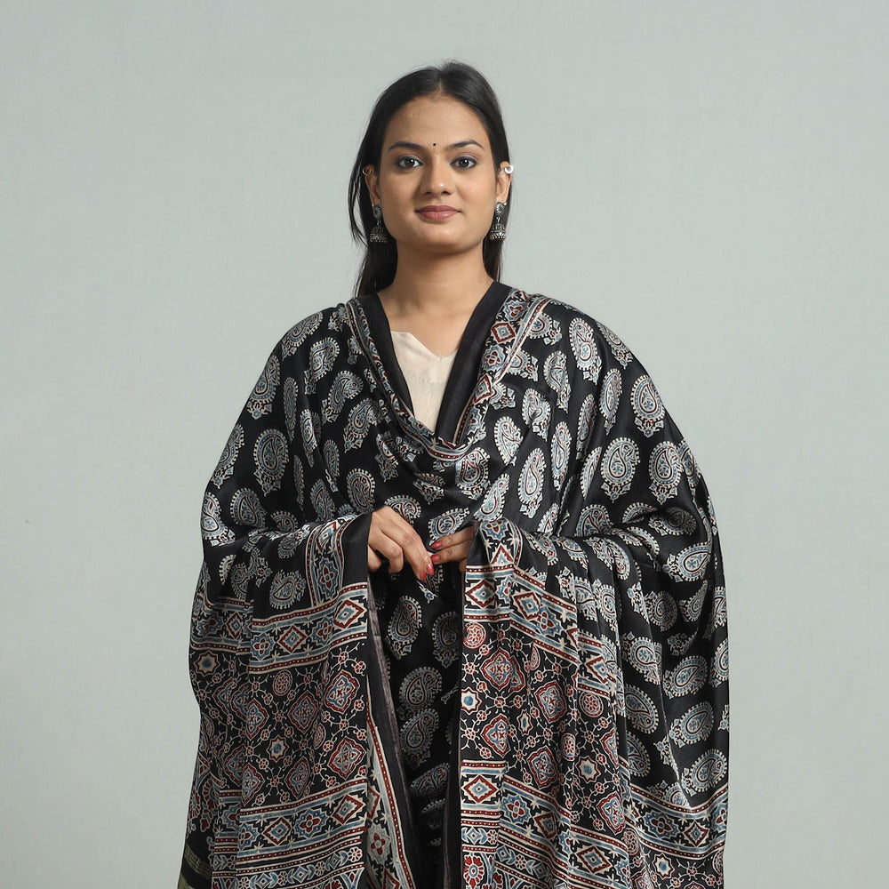 Black - Ajrakh Modal Silk Dupatta with Zari Border 99