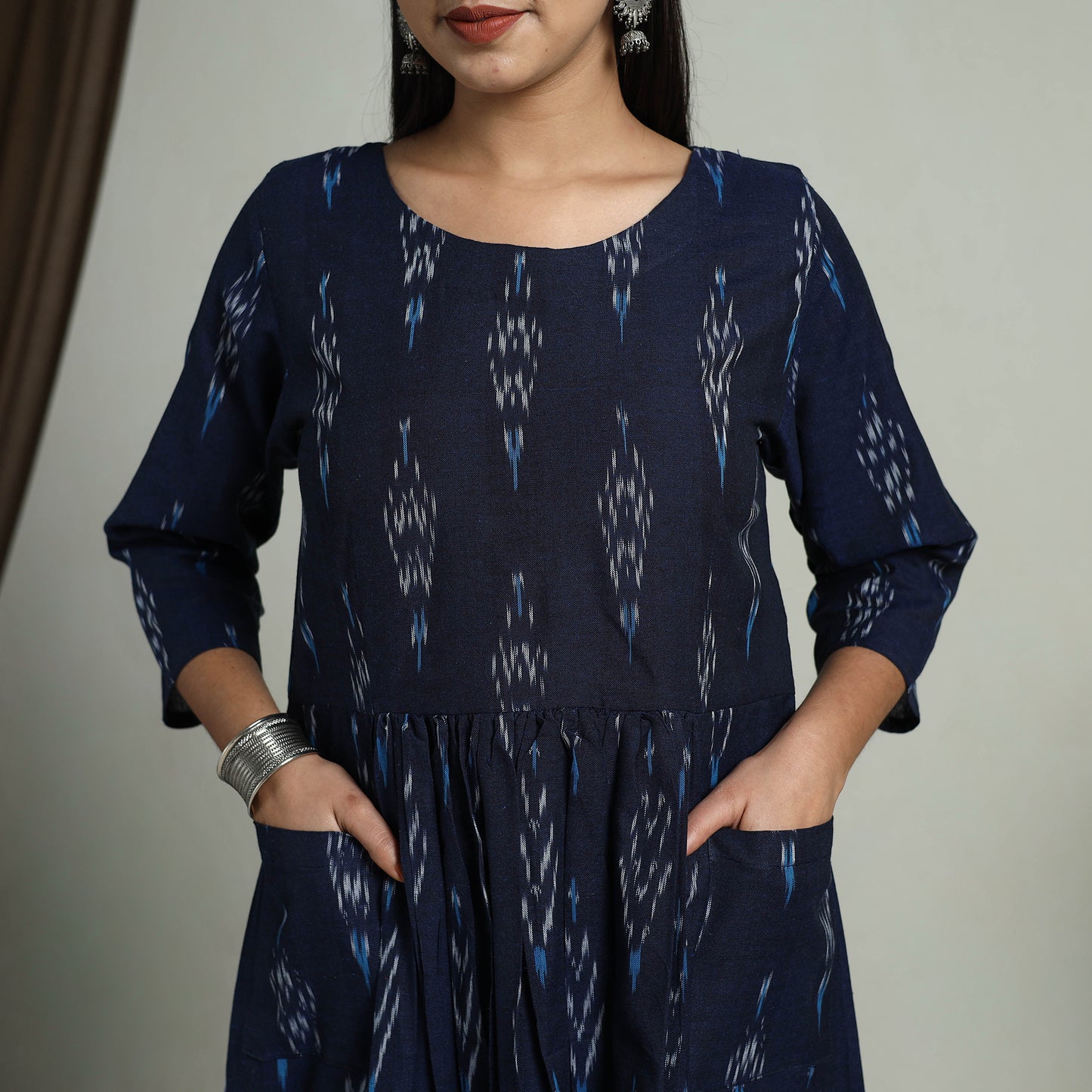 Blue - Flared Cotton Pochampally Ikat Dress 05