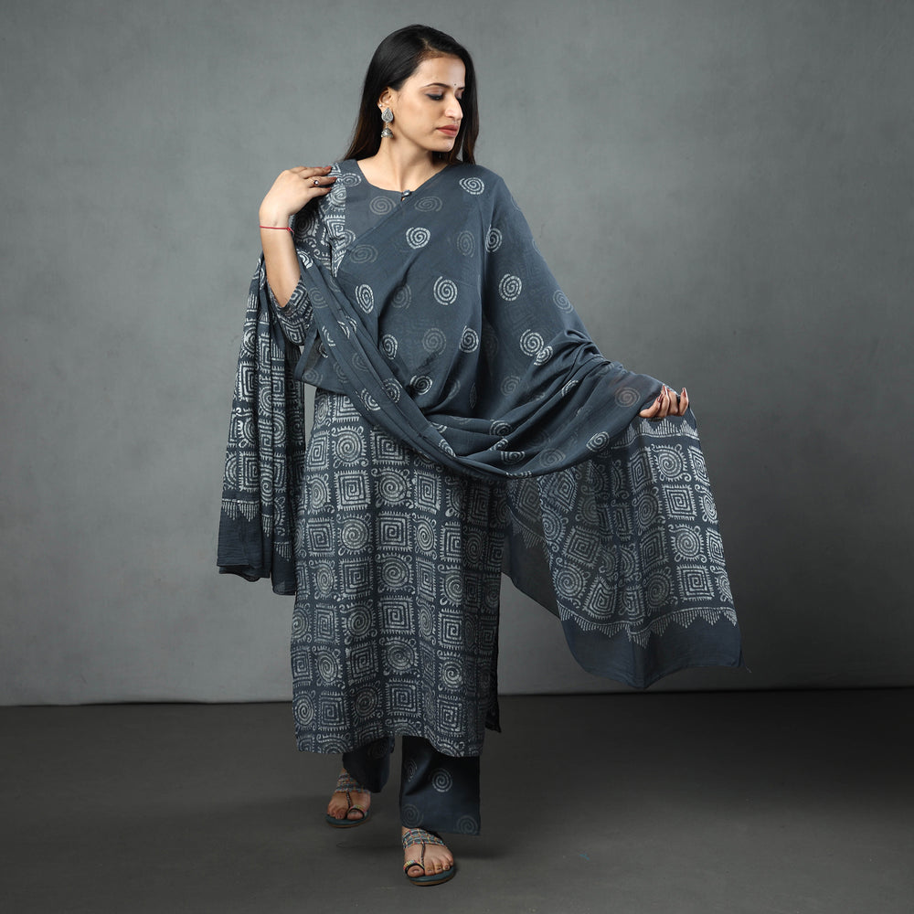 Grey - Hand Batik Printed Cotton Kurta with Palazzo & Dupatta Set