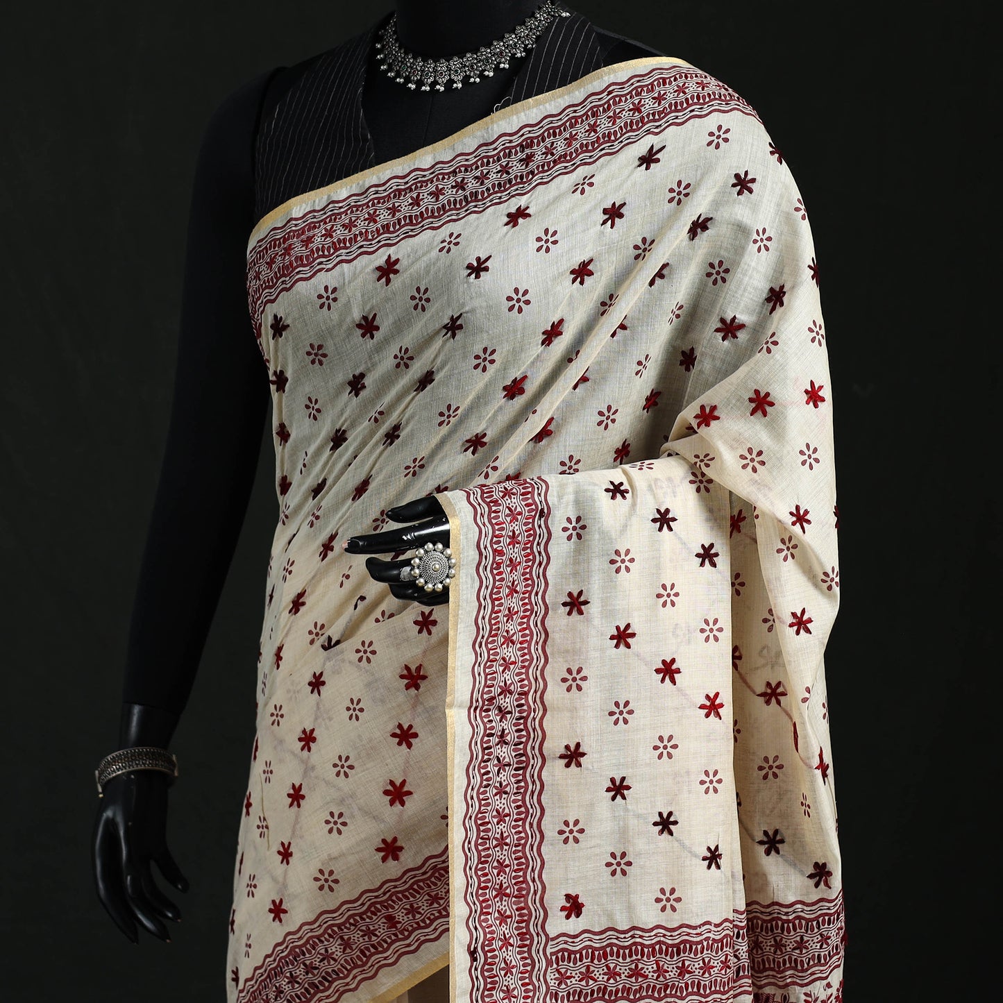 White - Bengal Kantha Hand Embroidery Silk Cotton Chapa Work Saree 03
