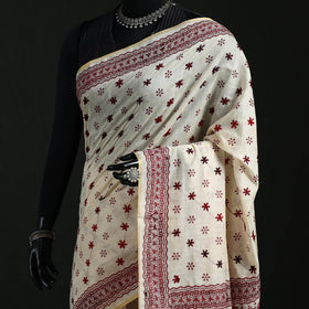 White - Bengal Kantha Hand Embroidery Silk Cotton Chapa Work Saree 03