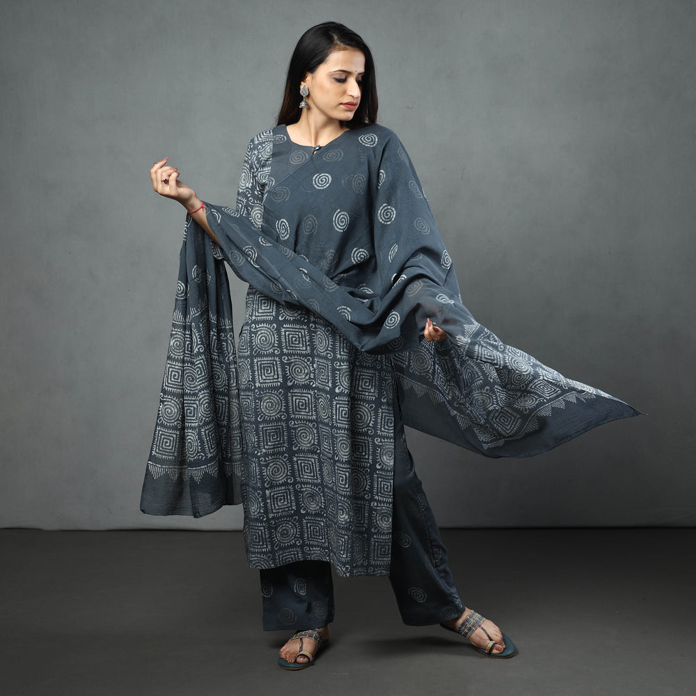 Grey - Hand Batik Printed Cotton Kurta with Palazzo & Dupatta Set