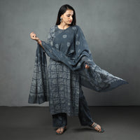 Grey - Hand Batik Printed Cotton Kurta with Palazzo & Dupatta Set