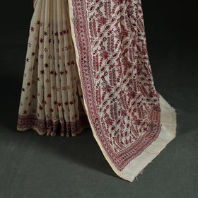 White - Bengal Kantha Hand Embroidery Silk Cotton Chapa Work Saree 03