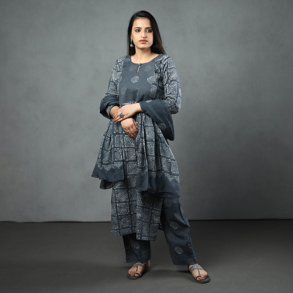 Grey - Hand Batik Printed Cotton Kurta with Palazzo & Dupatta Set