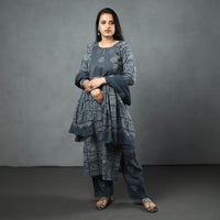 Grey - Hand Batik Printed Cotton Kurta with Palazzo & Dupatta Set