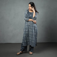 Grey - Hand Batik Printed Cotton Kurta with Palazzo & Dupatta Set