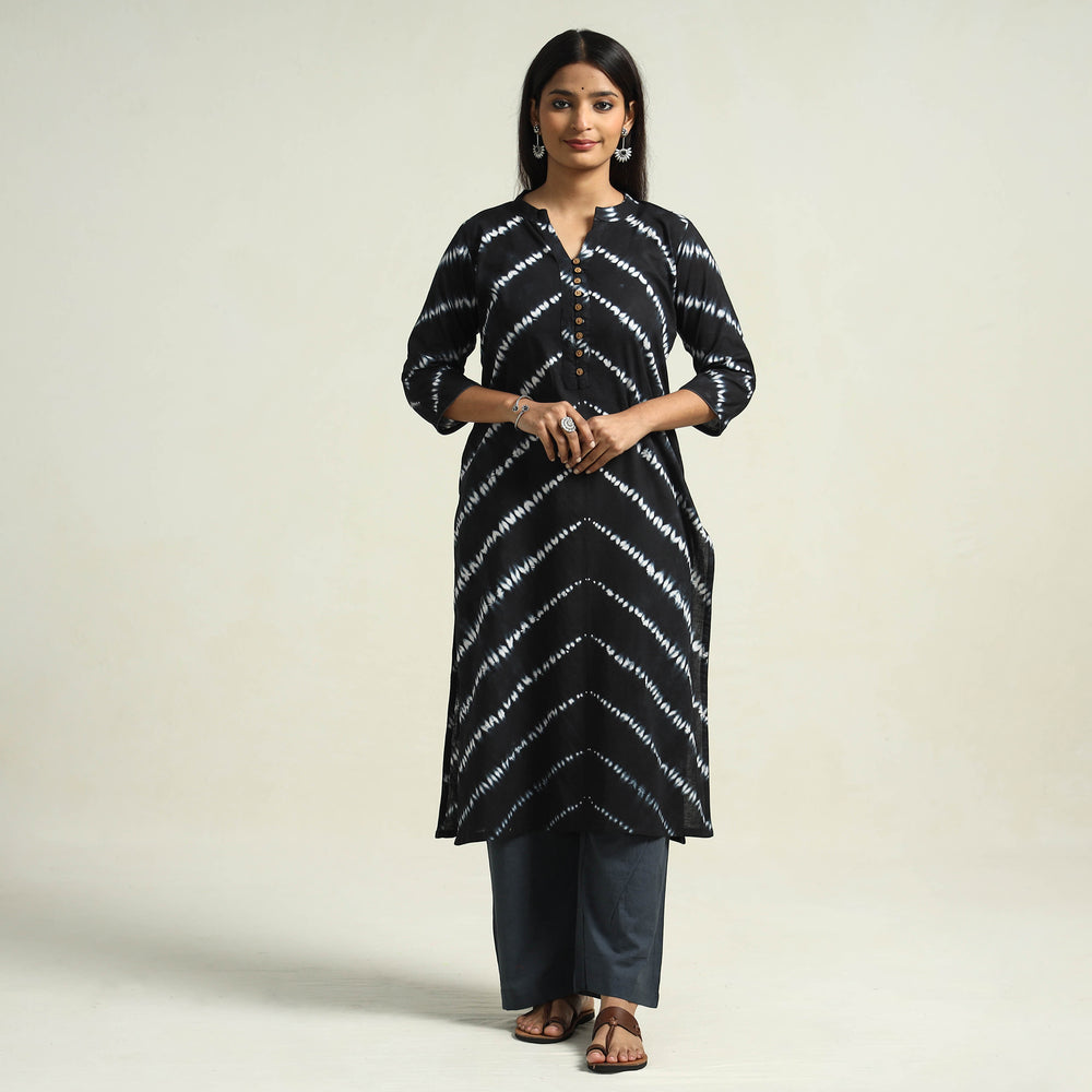 Black - Shibori Tye-Dye Mul Cotton Kurta with Palazzo & Dupatta Set