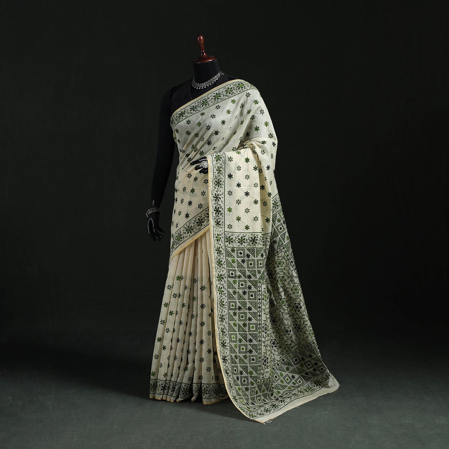 Green - Bengal Kantha Hand Embroidery Silk Cotton Chapa Work Saree 04