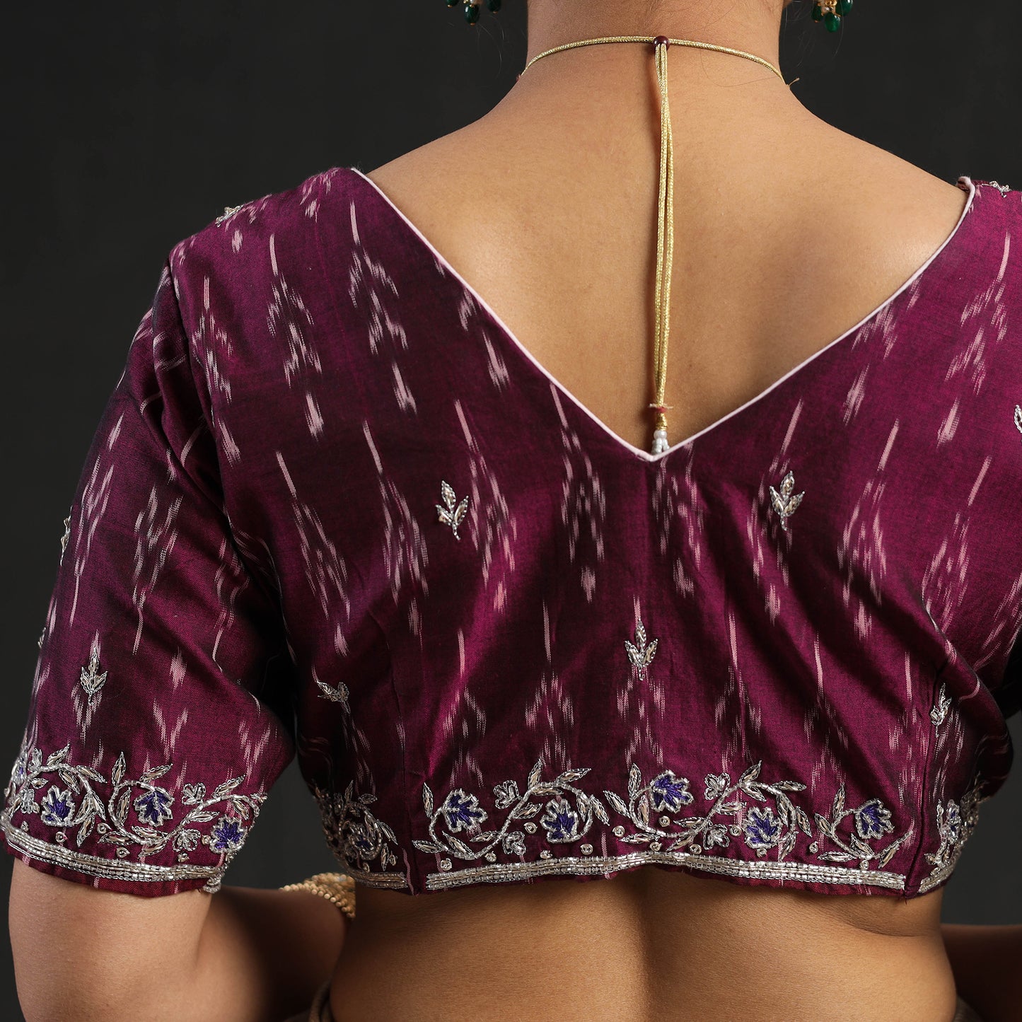 Purple - Zardozi Hand Embroidery Cotton Pochampally Ikat Blouse 10