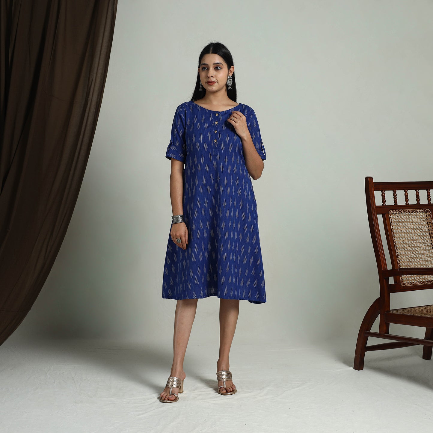 Buy Blue Flared Cotton Short Pochampally Ikat Dress