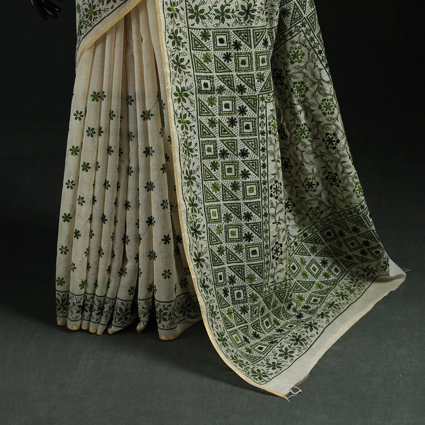 Green - Bengal Kantha Hand Embroidery Silk Cotton Chapa Work Saree 04