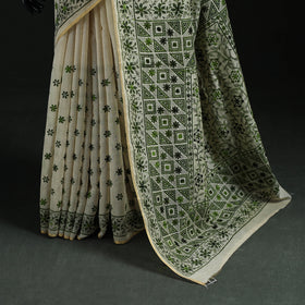 Green - Bengal Kantha Hand Embroidery Silk Cotton Chapa Work Saree 04
