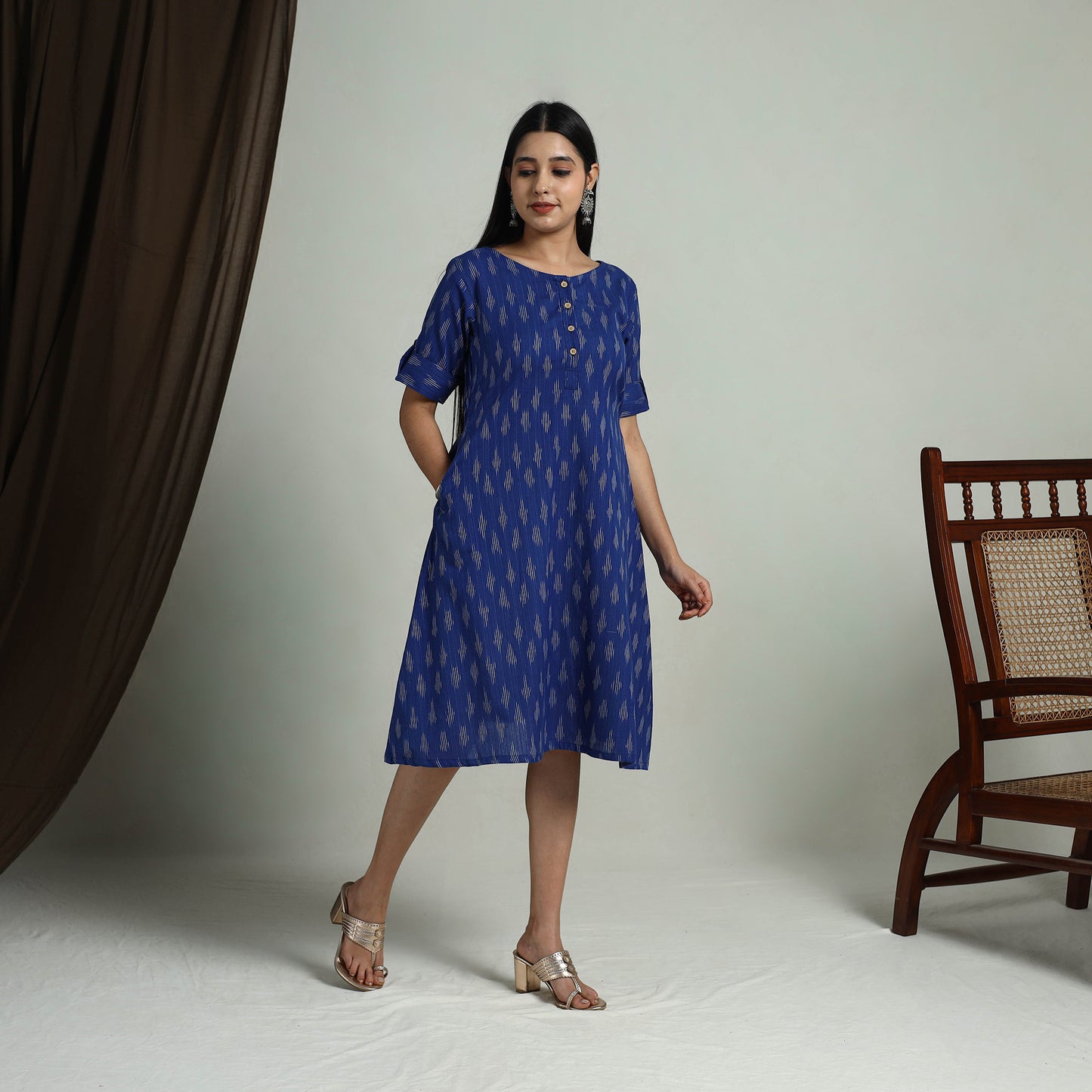 Buy Blue Flared Cotton Short Pochampally Ikat Dress