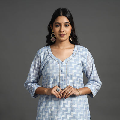 Cornflower Blue - Handwoven Cutwork Cotton Banarasi Kurta 11