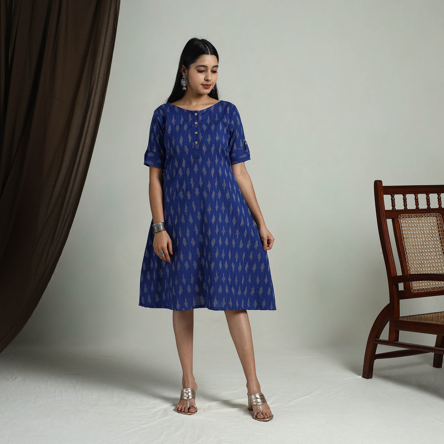 Buy Blue Flared Cotton Short Pochampally Ikat Dress