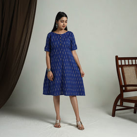 Buy Blue Flared Cotton Short Pochampally Ikat Dress
