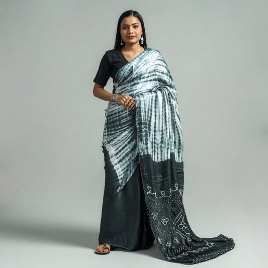 Grey - Kutch Bandhani & Shibori Tie-Dye Modal Silk Saree with Blouse