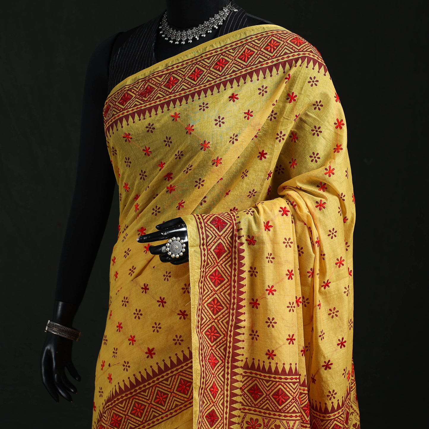 Yellow - Bengal Kantha Hand Embroidery Silk Cotton Chapa Work Saree 05