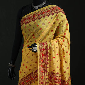 Yellow - Bengal Kantha Hand Embroidery Silk Cotton Chapa Work Saree 05