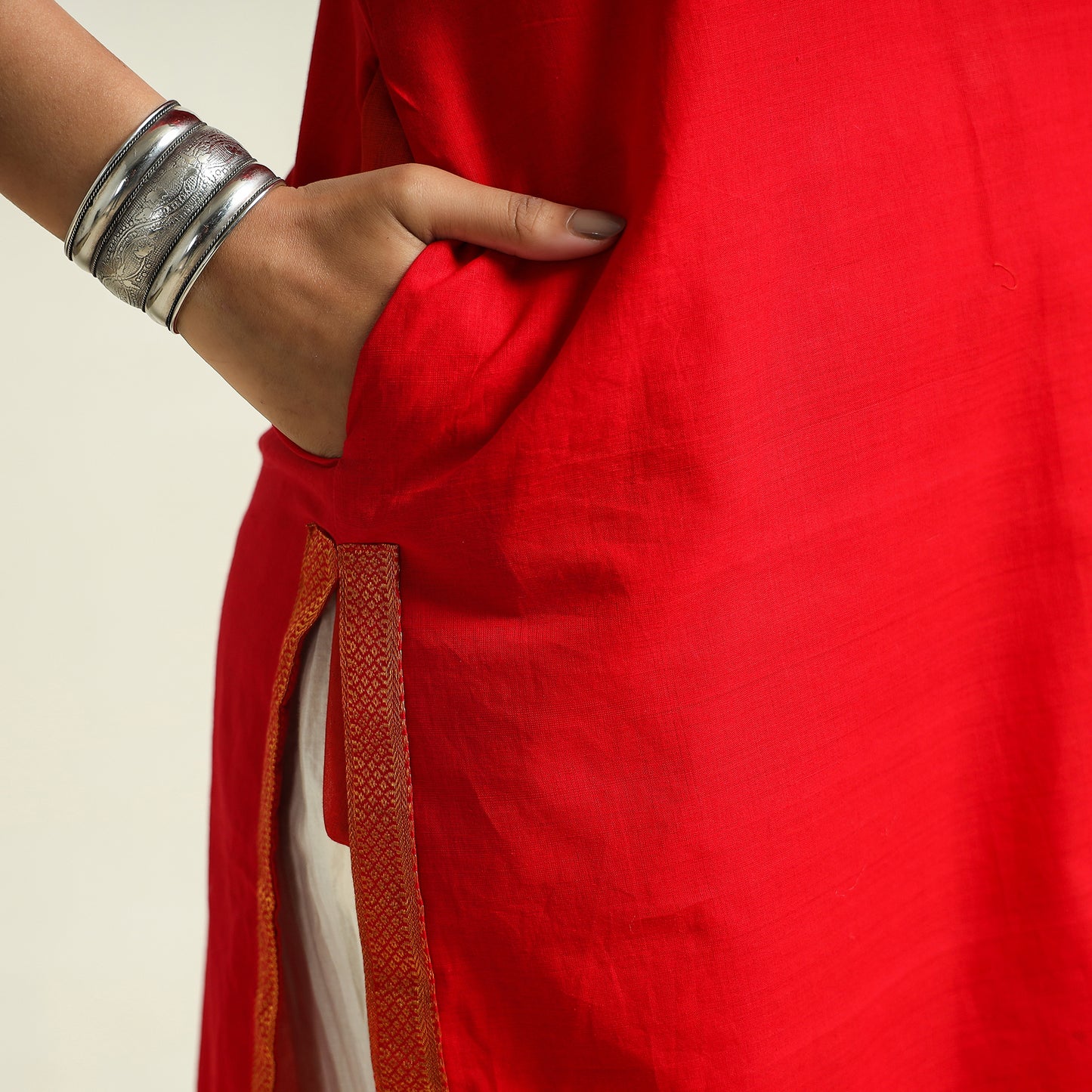 Red - Mangalagiri Handloom Cotton Straight Kurta
