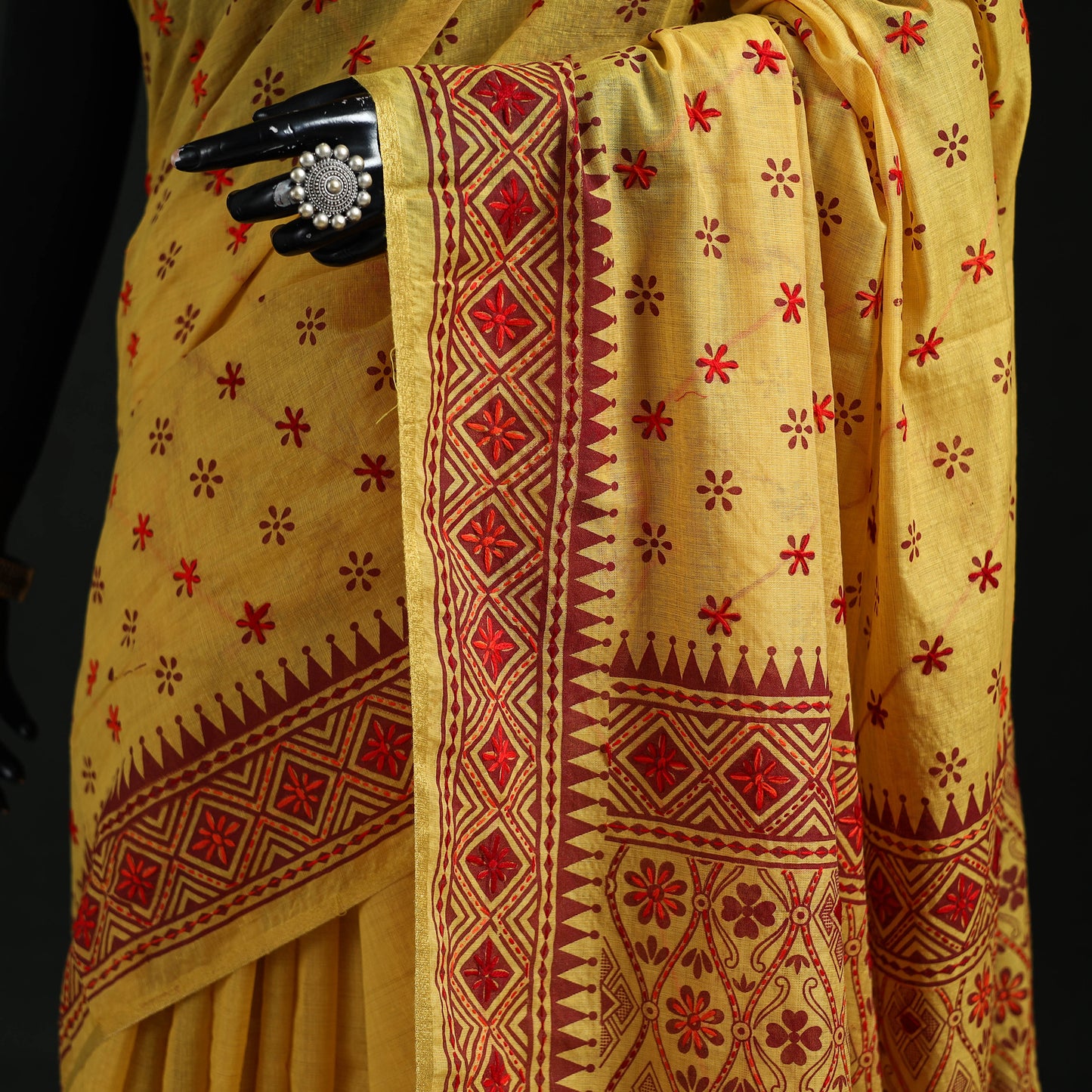 Yellow - Bengal Kantha Hand Embroidery Silk Cotton Chapa Work Saree 05