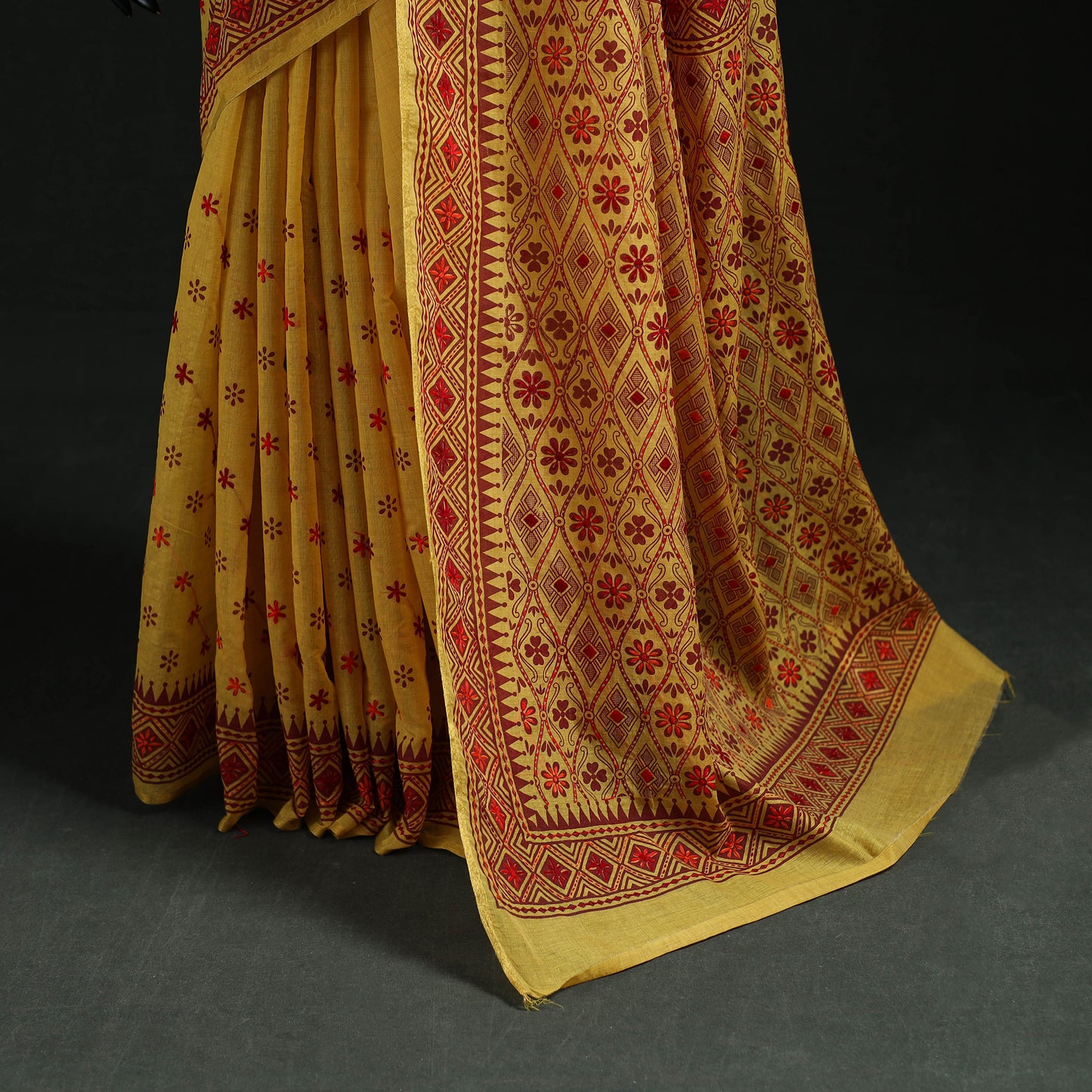 Yellow - Bengal Kantha Hand Embroidery Silk Cotton Chapa Work Saree 05