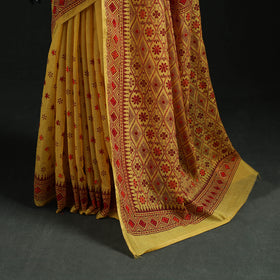 Yellow - Bengal Kantha Hand Embroidery Silk Cotton Chapa Work Saree 05