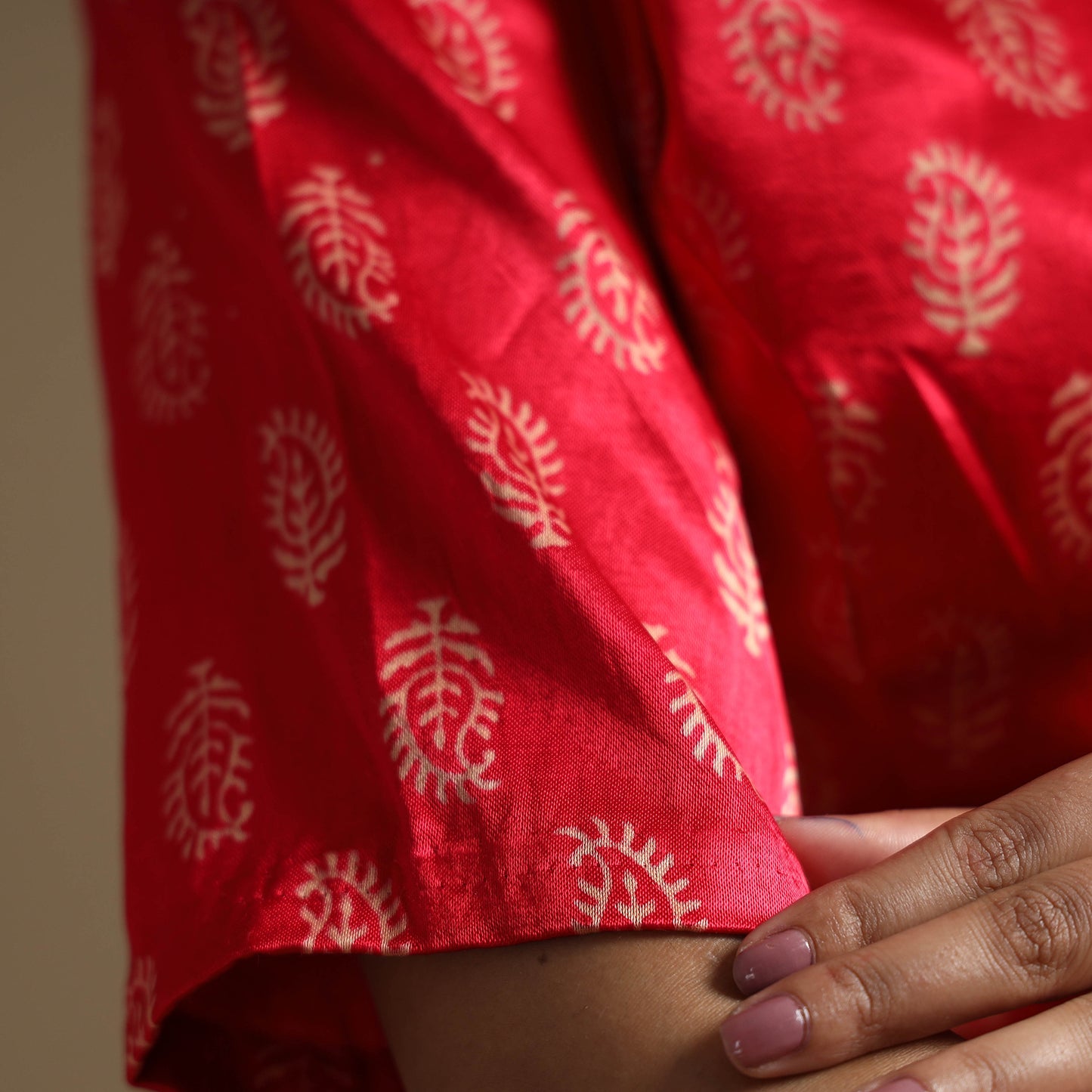 Red - Hand Block Printed Mashru Silk Stitched Blouse