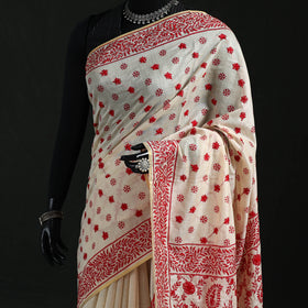 White - Bengal Kantha Hand Embroidery Silk Cotton Chapa Work Saree 06