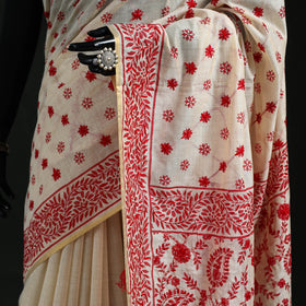 White - Bengal Kantha Hand Embroidery Silk Cotton Chapa Work Saree 06