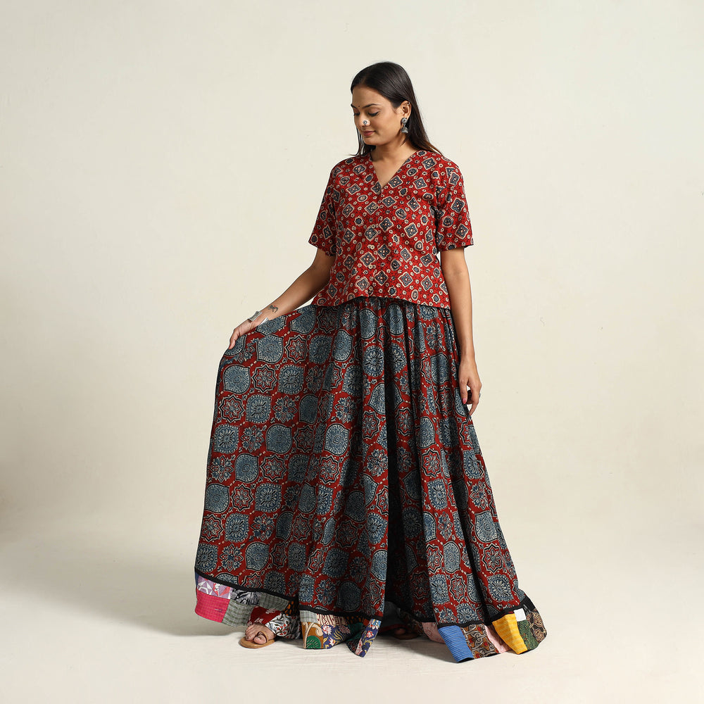 Multicolor - Hand Block Printed Cotton Long Ajrakh Skirt 18