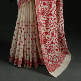 White - Bengal Kantha Hand Embroidery Silk Cotton Chapa Work Saree 06