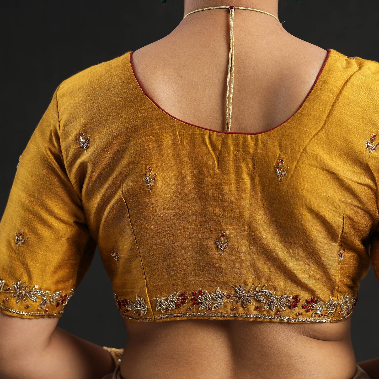 Yellow - Zardozi Hand Embroidery Slub Silk Plain Blouse 01