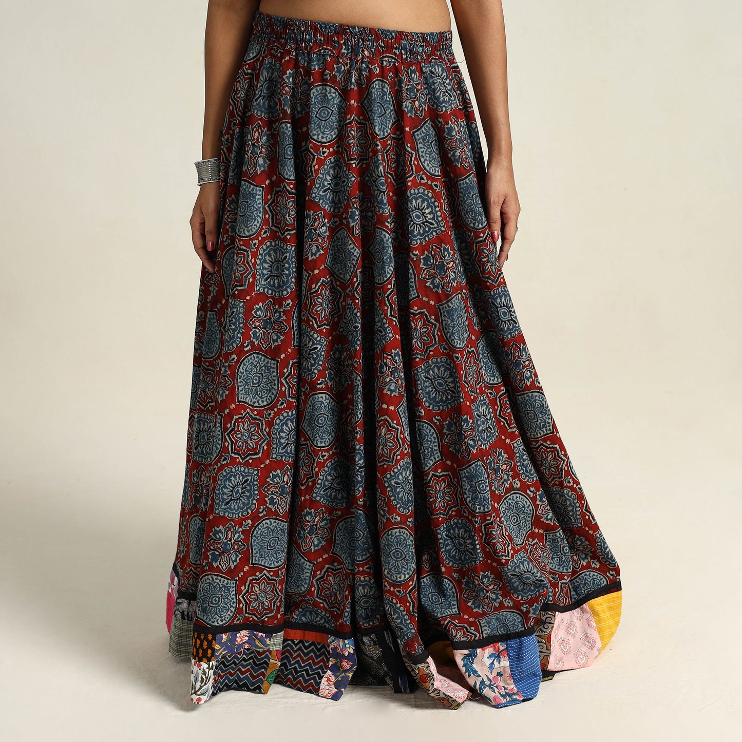 Multicolor - Hand Block Printed Cotton Long Ajrakh Skirt 18