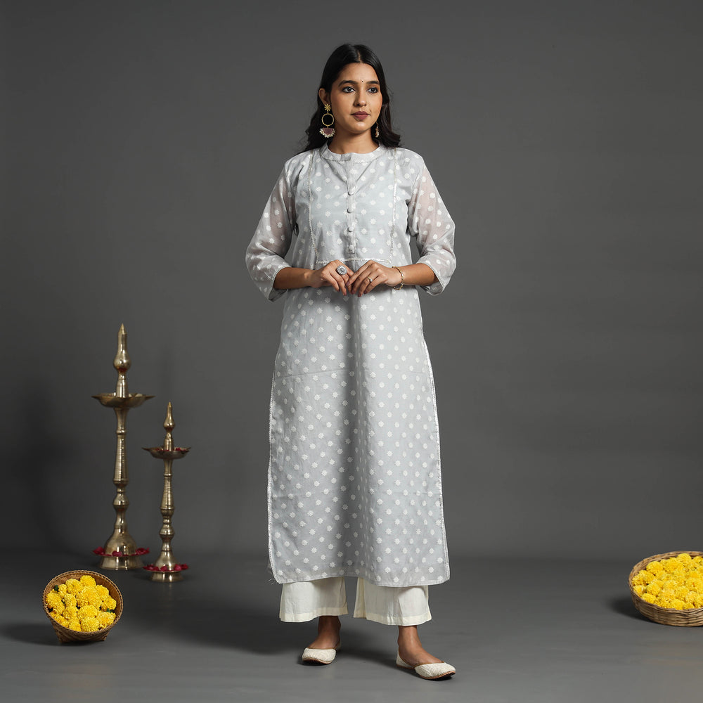 Light Grey - Handwoven Cutwork Cotton Banarasi Kurta 01