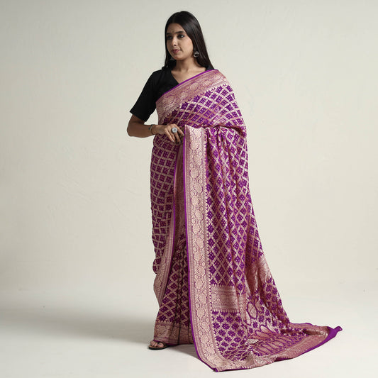 Purple - Kutch Bandhani Tie-Dye Pure Georgette Banarasi Neem Zari Jaal Saree