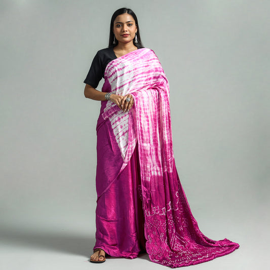Purple - Kutch Bandhani & Shibori Tie-Dye Modal Silk Saree with Blouse