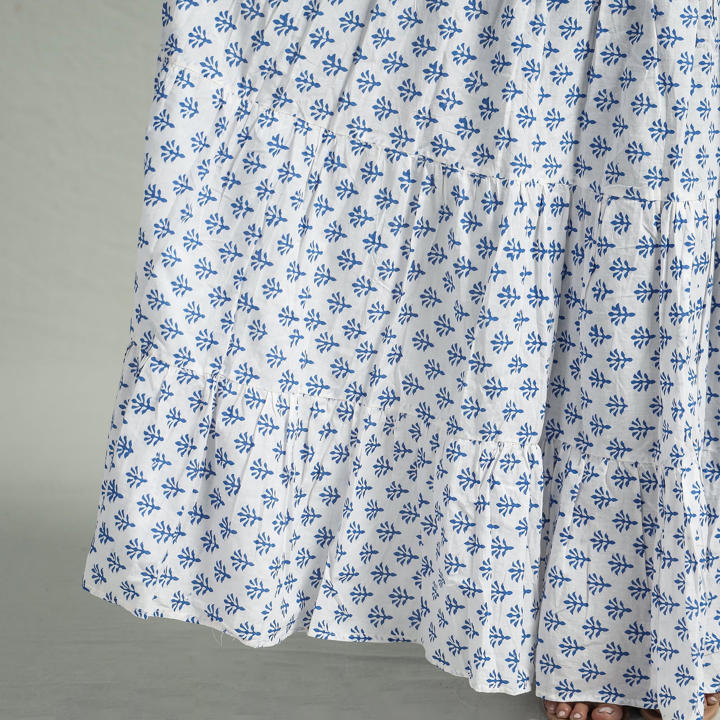 White - Sanganeri Block Printed Tiered Cotton Long Skirt