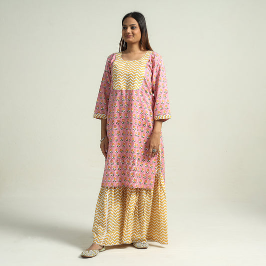 Pink - Sanganeri Block Printed Cotton Kurta with Sharara Set