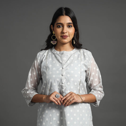 Light Grey - Handwoven Cutwork Cotton Banarasi Kurta 01