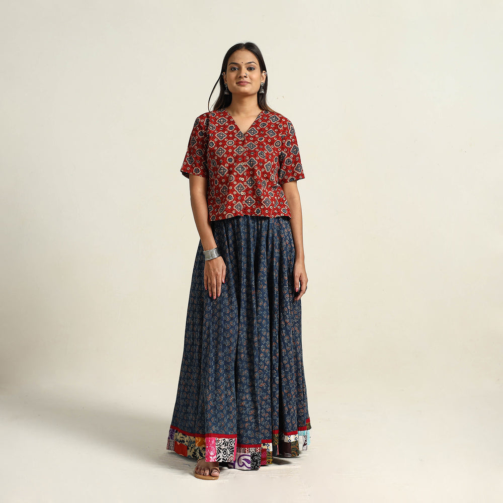 Blue - Hand Block Printed Cotton Long Ajrakh Skirt 01