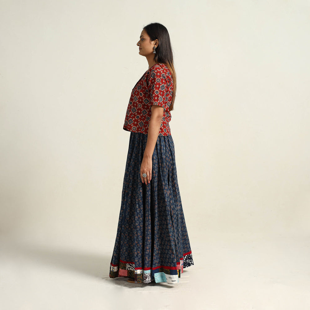 Blue - Hand Block Printed Cotton Long Ajrakh Skirt 01