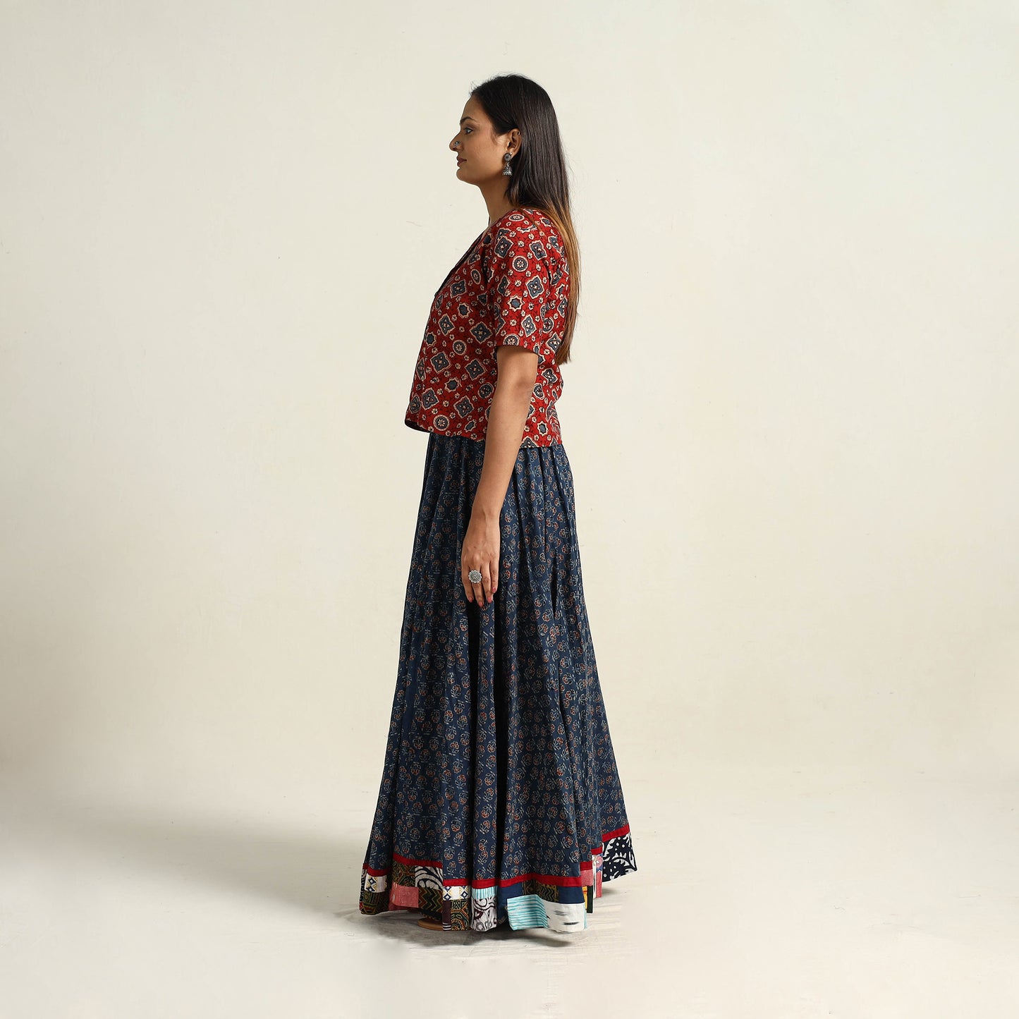 Blue - Hand Block Printed Cotton Long Ajrakh Skirt 01